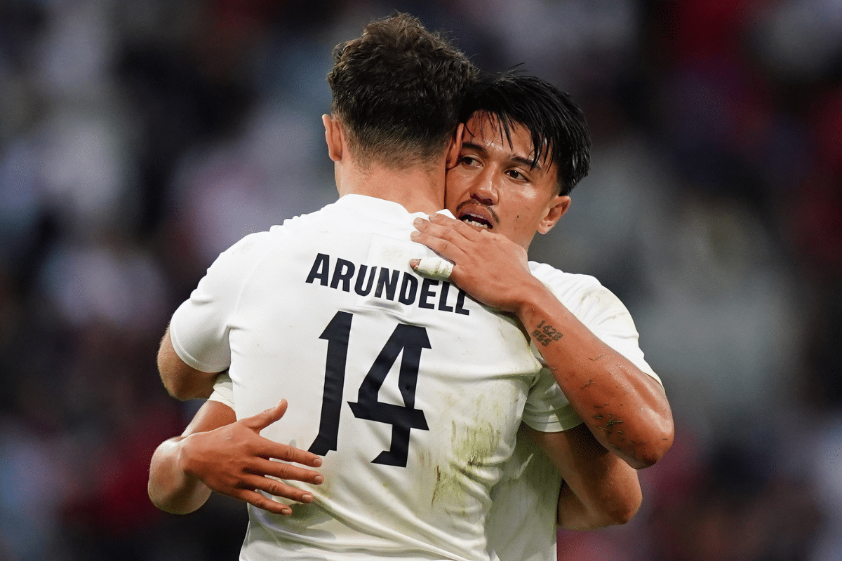 England's Henry Arundell and Marcus Smith celebrate the win after the Rugby World Cup 2023, Pool D match at the Stade de Nice, France. Picture date: Friday September 23, 2023.