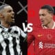 Graphic of Newcastle player in black and white kit on the left versus Liverpool player in red kit on the right, with 'X' and 'O' symbols and a versus sign between them, representing an upcoming football match.