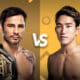 romotional image for UFC 310 featuring Alexandre Pantoja on the left, holding a championship belt and facing off against Kai Asakura on the right, with a golden background and the VS symbol between them, highlighting the upcoming flyweight title fight.