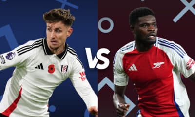 om Cairney of Fulham and Thomas Partey of Arsenal face off in a promotional graphic for an upcoming match, symbolized by contrasting blue and red backdrops and their respective team kits, emphasizing the intensity of the Premier League rivalry.