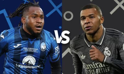 The image features a dynamic "versus" graphic comparing two prominent football players: one from Atalanta, dressed in a blue jersey, and another from Real Madrid, dressed in a dark grey jersey. The split background creatively contrasts the team colors—blue for Atalanta and dark grey for Real Madrid. This graphic is typically used to promote upcoming matches or highlight player comparisons, emphasizing the excitement and anticipation surrounding the game. Such visuals are often seen in promotional content ahead of key sports events.