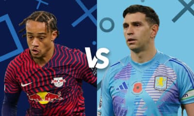 The image features a "versus" graphic comparing two key players from RB Leipzig and Aston Villa, likely used to promote an upcoming Champions League match between the two teams. On the left, the player from RB Leipzig is shown in a vibrant red and blue striped kit, while the player from Aston Villa on the right is depicted in a light blue kit with a poppy remembrance symbol, indicating the match may be around November. The graphic sets the stage for a compelling player matchup, highlighting the anticipation and competitive spirit surrounding this European football clash.