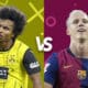 The image showcases a promotional "versus" graphic for an anticipated football match, featuring two key players from Borussia Dortmund and FC Barcelona. On the left, a Dortmund player in a vibrant yellow kit is captured seemingly listening intently or calling out on the field, adding a dynamic element to the visual. On the right, a Barcelona player in a maroon kit looks upwards, likely celebrating or in anticipation, his expression filled with intensity. This graphic serves to highlight the matchup between these two prominent teams, focusing on star players to ramp up excitement for the game.