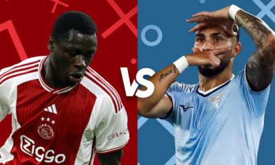 This graphic displays a player from Ajax on the left and a player from Lazio on the right, set against a background of their team colors, red and blue respectively. It’s a promotional image for a match between Ajax and Lazio, highlighted by graphical elements like crosses and circles, emphasizing a clash or matchup. The players appear ready for action, adding to the anticipation of the upcoming game.