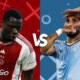 This graphic displays a player from Ajax on the left and a player from Lazio on the right, set against a background of their team colors, red and blue respectively. It’s a promotional image for a match between Ajax and Lazio, highlighted by graphical elements like crosses and circles, emphasizing a clash or matchup. The players appear ready for action, adding to the anticipation of the upcoming game.