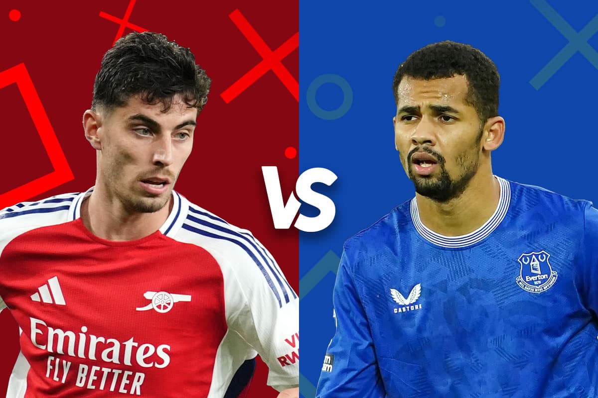 This image features two football players, one from Arsenal and the other from Everton, set against a graphic background with team colors prominently displayed. It's a promotional image for an upcoming match between the two teams, highlighting the anticipated head-to-head competition. The players are presented in their team kits, adding to the visual appeal and match anticipation.