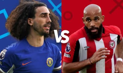 Promotional graphic featuring Chelsea and Brentford players, showcasing a matchup between the two, highlighted by contrasting team colors.