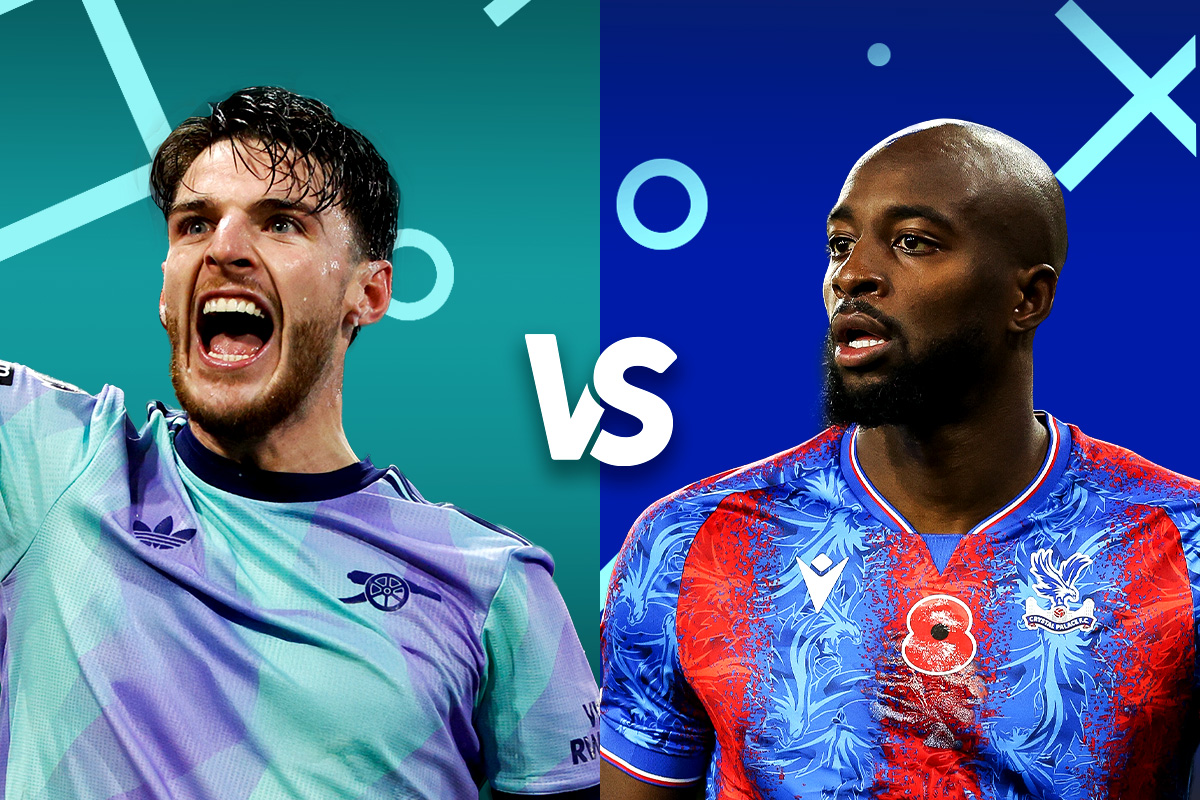 Promotional image featuring a matchup between Arsenal and Crystal Palace players, highlighting their contrasting team kits.